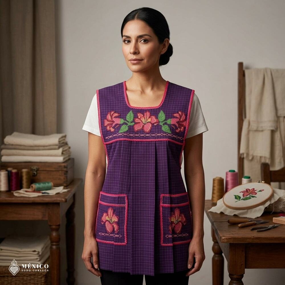 Traditional Mexican Cross-Stitch Embroidered Apron – Deluxe Artisan Smock Style